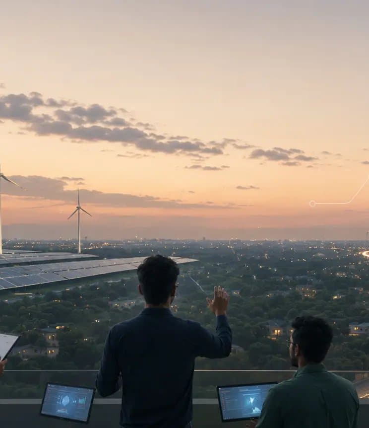 Engineers overlooking a solar-powered city at dusk